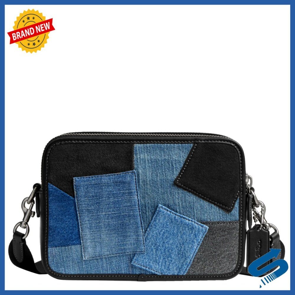Men's Denim Leather Crossbody Bag with Two Zip Compartments Adjustable Strap